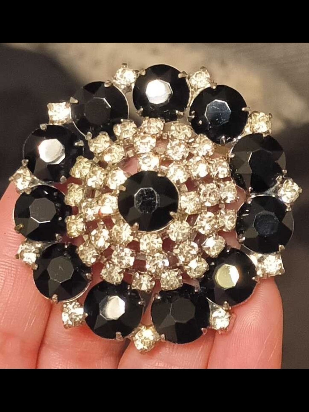 ​Vintage Black Clear Rhinestone Brooch Tiered Dome Pin Jet Glass Mid Century